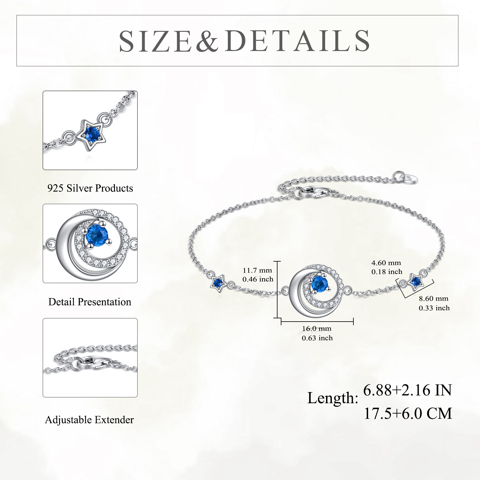 Women's 925 Sterling Silver Moon and Star Adjustable Charm Bracelet